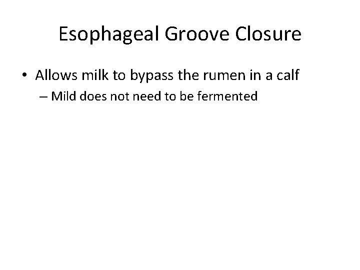 Esophageal Groove Closure • Allows milk to bypass the rumen in a calf –