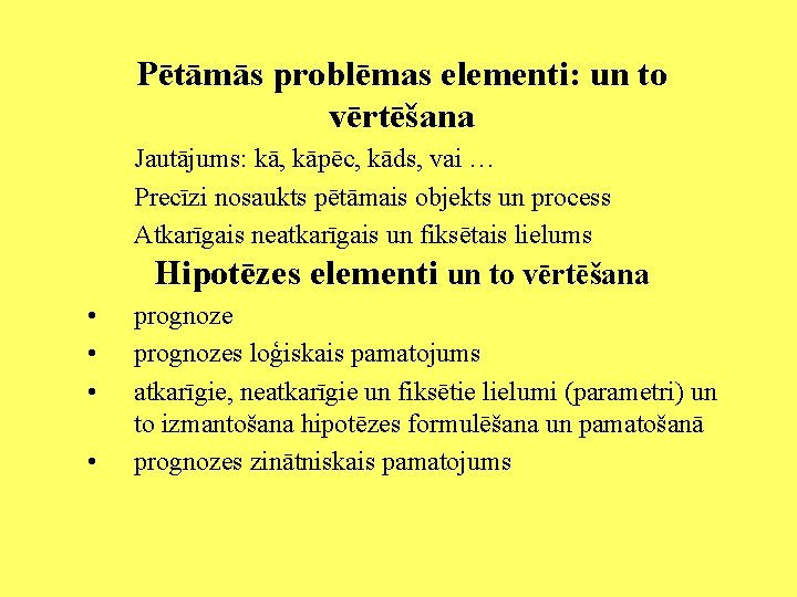 Pētāmās problēmas elementi: un to vērtēšana Jautājums: kā, kāpēc, kāds, vai … Precīzi nosaukts