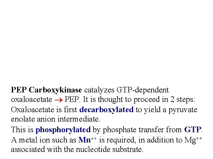PEP Carboxykinase catalyzes GTP-dependent oxaloacetate PEP. It is thought to proceed in 2 steps: