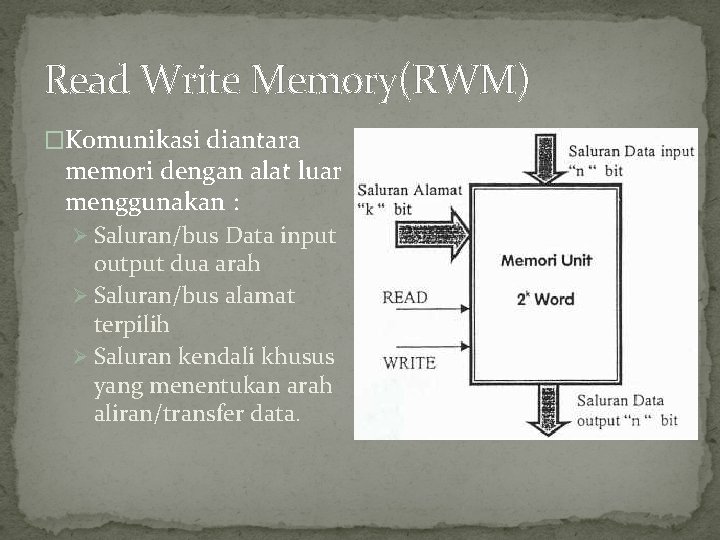 Read Write Memory(RWM) �Komunikasi diantara memori dengan alat luar menggunakan : Ø Saluran/bus Data