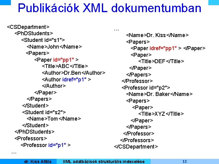 Publikációk XML dokumentumban <CSDepartment> <Ph. DStudents> <Student id="s 1"> <Name>John</Name> <Papers> <Paper id="pp 1"
