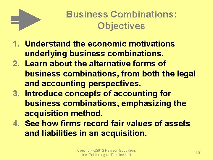 Business Combinations: Objectives 1. Understand the economic motivations underlying business combinations. 2. Learn about