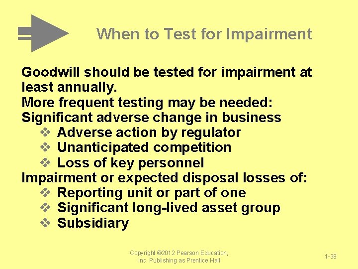 When to Test for Impairment Goodwill should be tested for impairment at least annually.