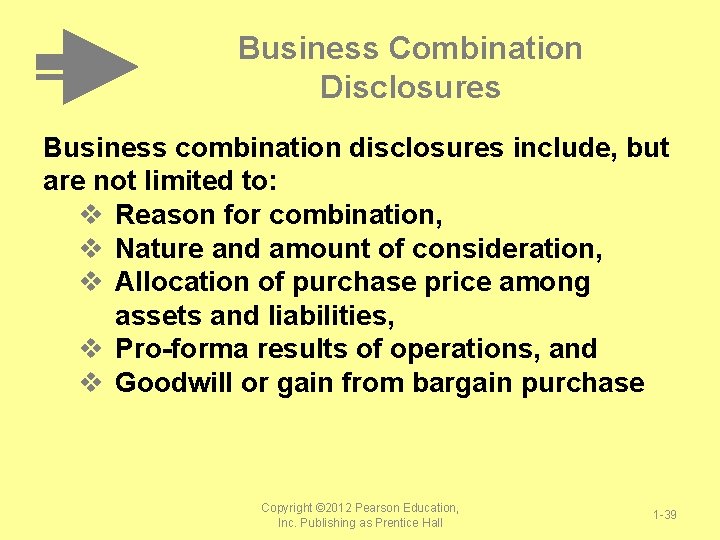 Business Combination Disclosures Business combination disclosures include, but are not limited to: v Reason
