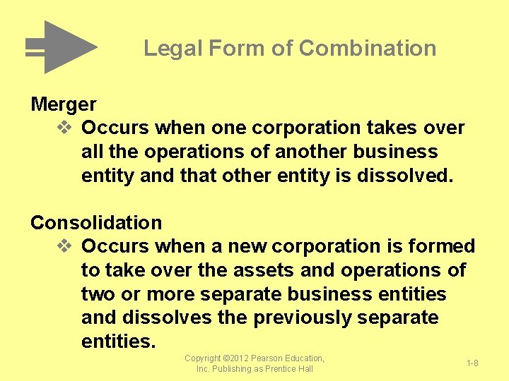 Legal Form of Combination Merger v Occurs when one corporation takes over all the