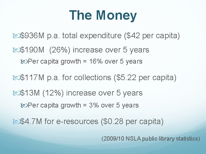 The Money $936 M p. a. total expenditure ($42 per capita) $190 M (26%)