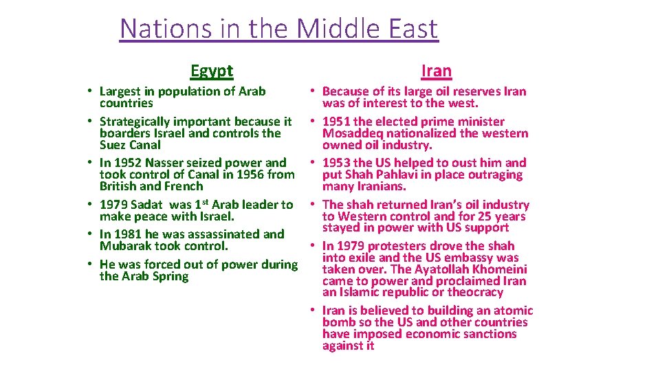 Nations in the Middle East Egypt • Largest in population of Arab countries •