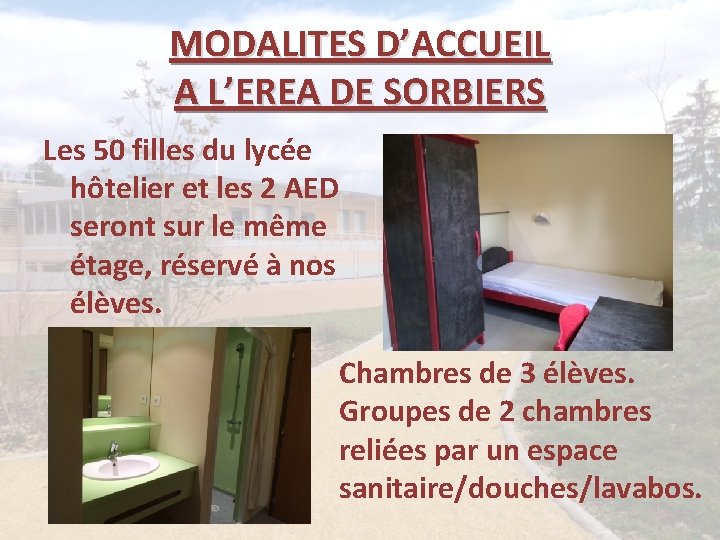 MODALITES D’ACCUEIL A L’EREA DE SORBIERS Les 50 filles du lycée hôtelier et les