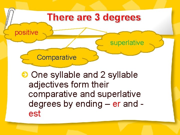 There are 3 degrees positive superlative Comparative One syllable and 2 syllable adjectives form