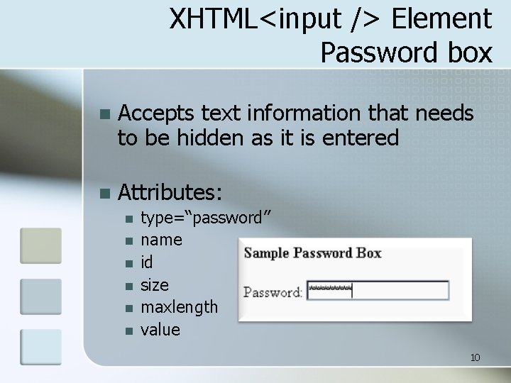 XHTML<input /> Element Password box n Accepts text information that needs to be hidden