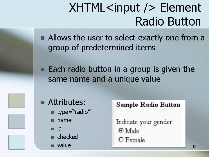 XHTML<input /> Element Radio Button n Allows the user to select exactly one from