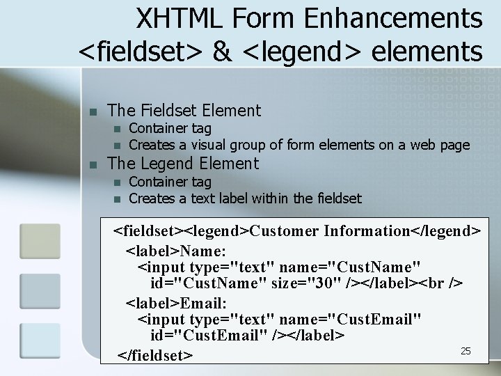 XHTML Form Enhancements <fieldset> & <legend> elements n The Fieldset Element n n n