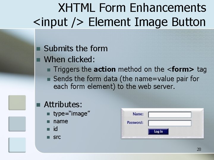 XHTML Form Enhancements <input /> Element Image Button n n Submits the form When