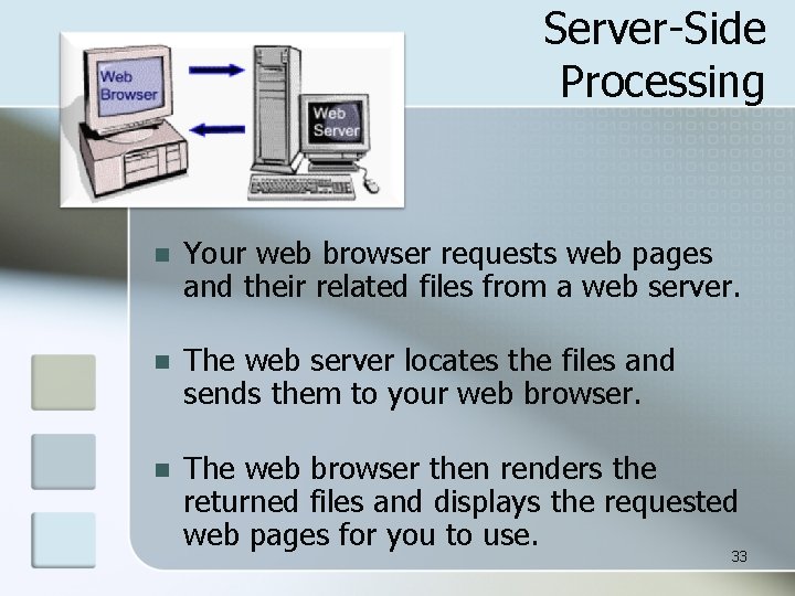 Server-Side Processing n Your web browser requests web pages and their related files from