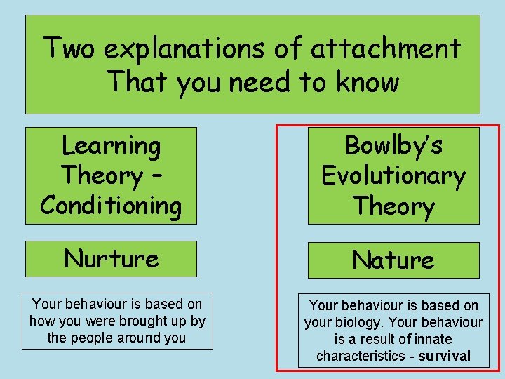 Two explanations of attachment That you need to know Learning Theory – Conditioning Bowlby’s