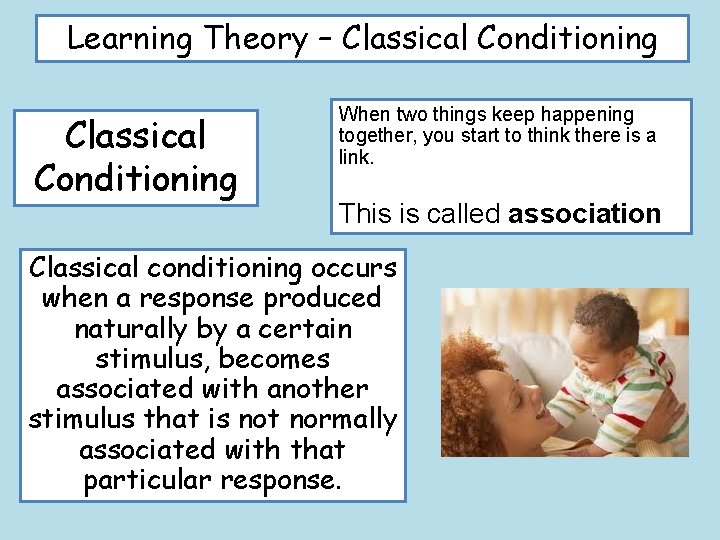 Learning Theory – Classical Conditioning When two things keep happening together, you start to