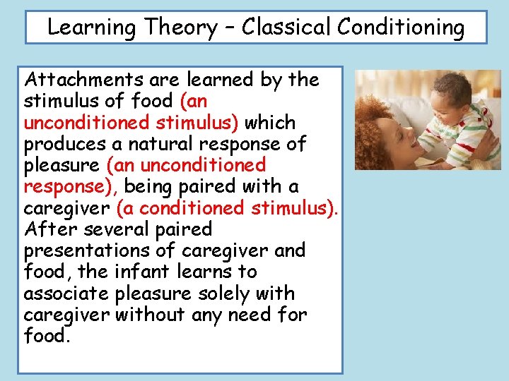 Learning Theory – Classical Conditioning Attachments are learned by the stimulus of food (an