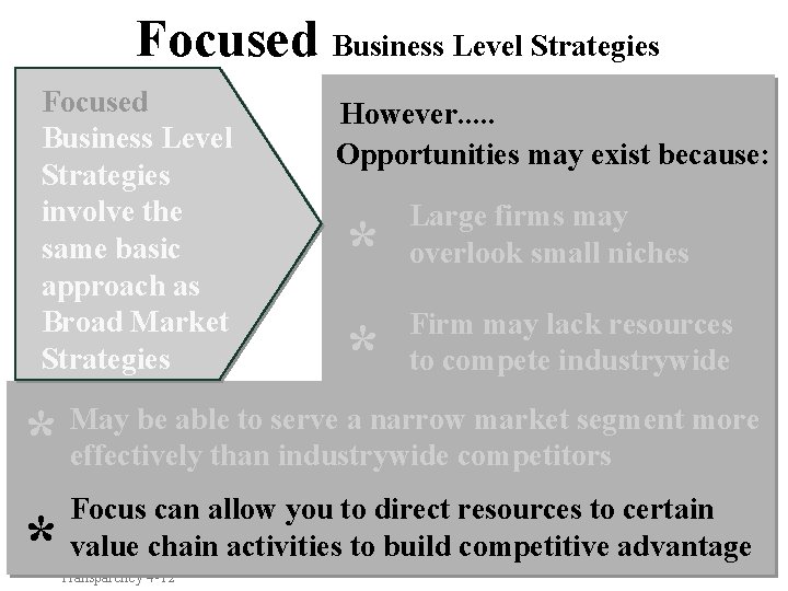 Focused Business Level Strategies involve the same basic approach as Broad Market Strategies However.