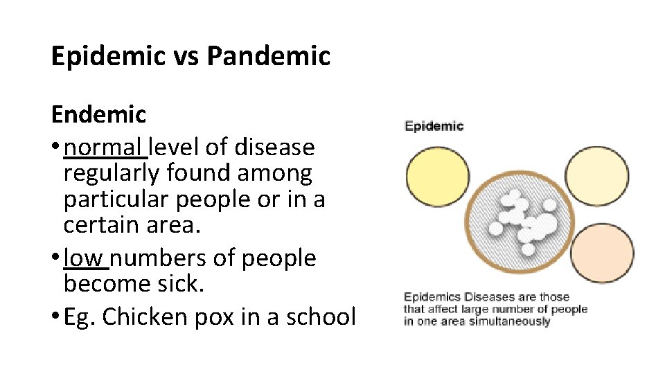 Epidemic vs Pandemic Endemic • normal level of disease regularly found among particular people