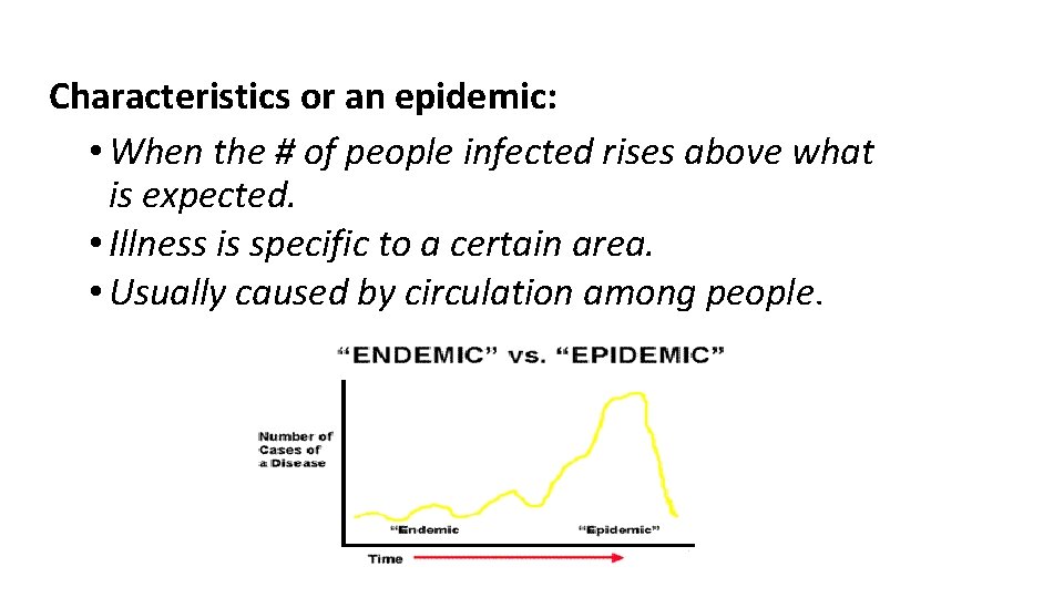 Characteristics or an epidemic: • When the # of people infected rises above what