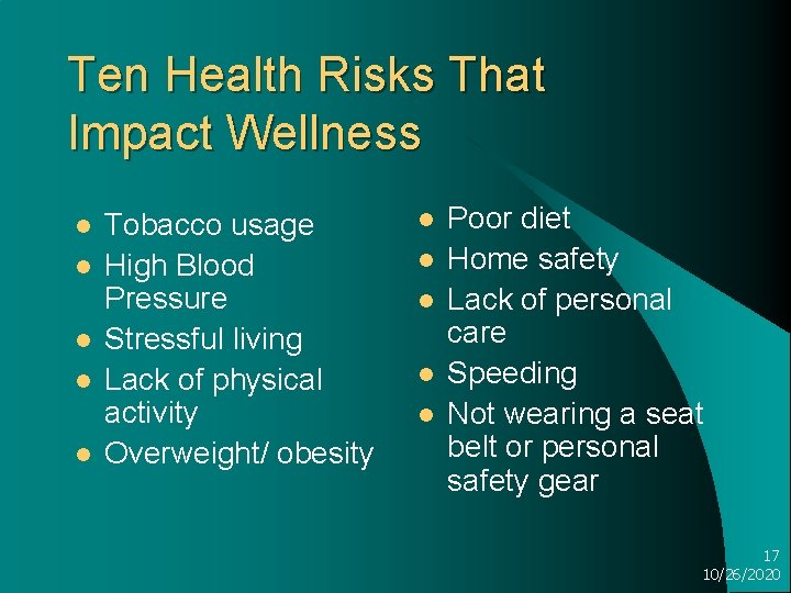 Ten Health Risks That Impact Wellness l l l Tobacco usage High Blood Pressure