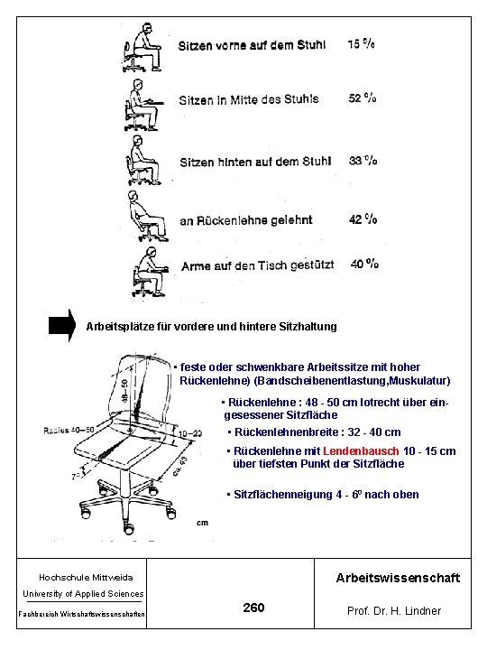 Arbeitsplätze für vordere und hintere Sitzhaltung • feste oder schwenkbare Arbeitssitze mit hoher Rückenlehne)