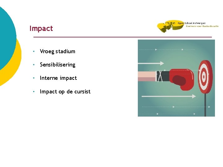 Impact • Vroeg stadium • Sensibilisering • Interne impact • Impact op de cursist