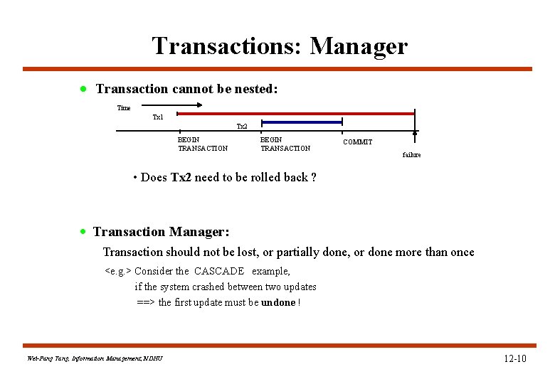 Transactions: Manager · Transaction cannot be nested: Time Tx 1 Tx 2 BEGIN TRANSACTION