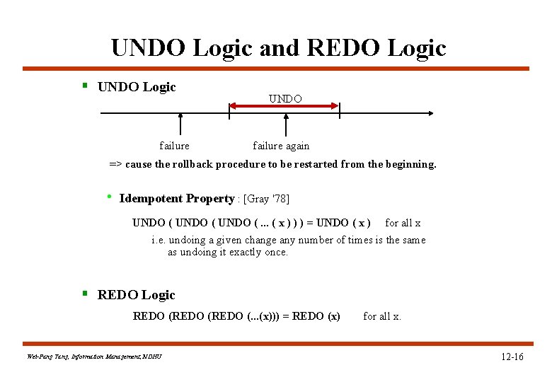 UNDO Logic and REDO Logic § UNDO Logic failure UNDO failure again => cause