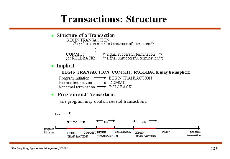 Transactions: Structure · Structure of a Transaction · Implicit BEGIN TRANSACTION; /* application specified