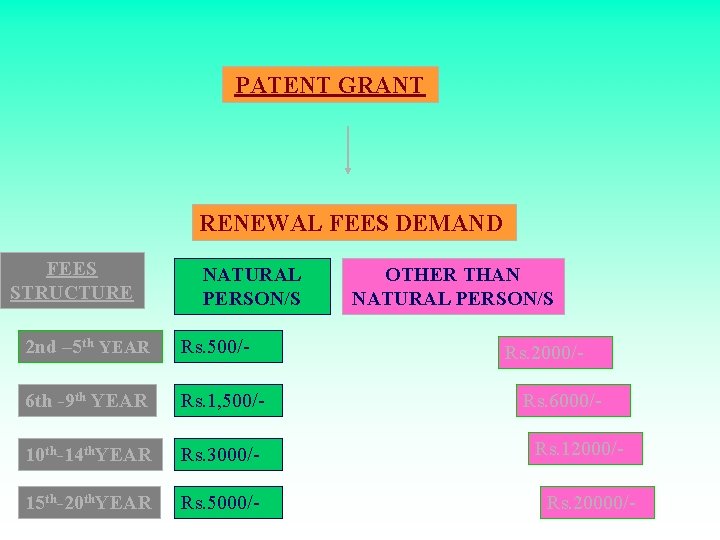 PATENT GRANT RENEWAL FEES DEMAND FEES STRUCTURE NATURAL PERSON/S 2 nd – 5 th