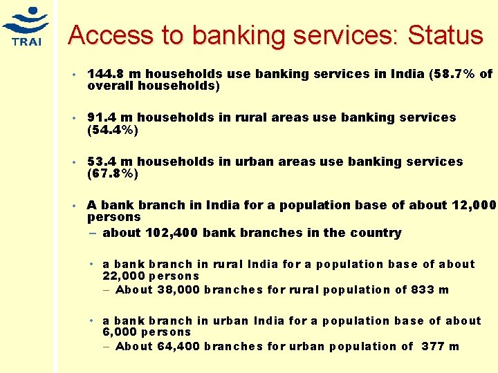 Access to banking services: Status • 144. 8 m households use banking services in