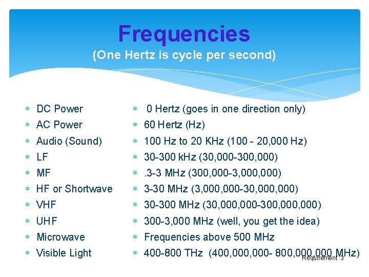 Frequencies (One Hertz is cycle per second) DC Power 0 Hertz (goes in one