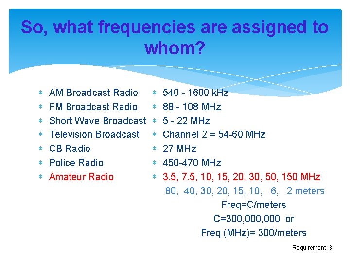 So, what frequencies are assigned to whom? AM Broadcast Radio FM Broadcast Radio Short