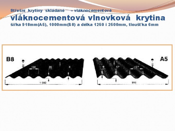 Střešní krytiny skládané – vláknocementové vláknocementová vlnovková krytina šířka 918 mm(A 5), 1000 mm(B