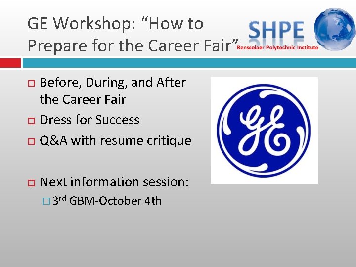 GE Workshop: “How to Prepare for the Career Fair” Before, During, and After the