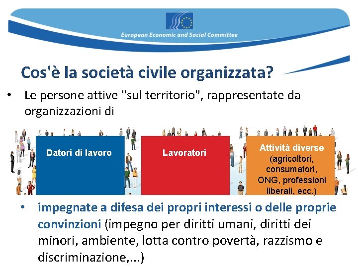 Cos'è la società civile organizzata? • Le persone attive "sul territorio", rappresentate da organizzazioni Cos'è la società civile organizzata? • Le persone attive "sul territorio", rappresentate da organizzazioni