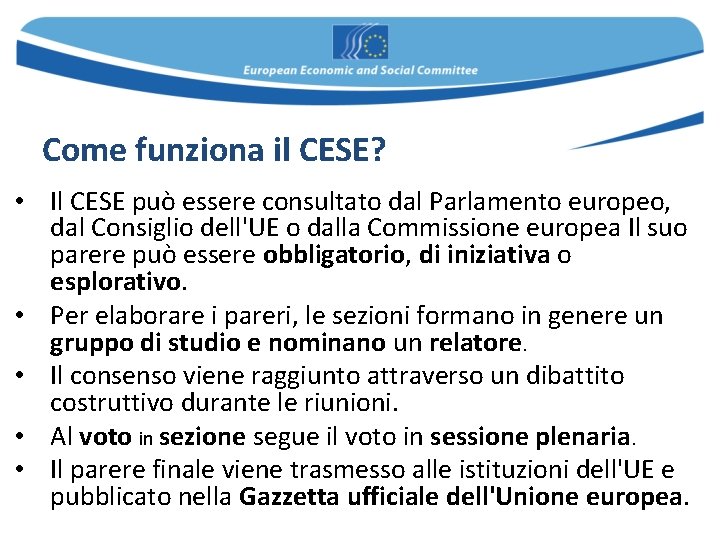 Come funziona il CESE? • Il CESE può essere consultato dal Parlamento europeo, dal