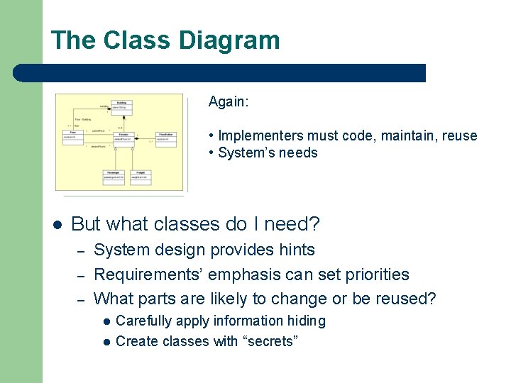 The Class Diagram Again: • Implementers must code, maintain, reuse • System’s needs l