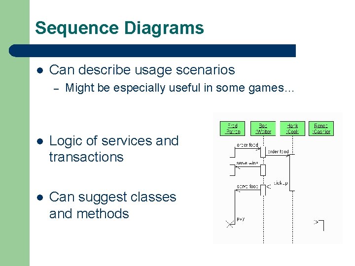 Sequence Diagrams l Can describe usage scenarios – Might be especially useful in some