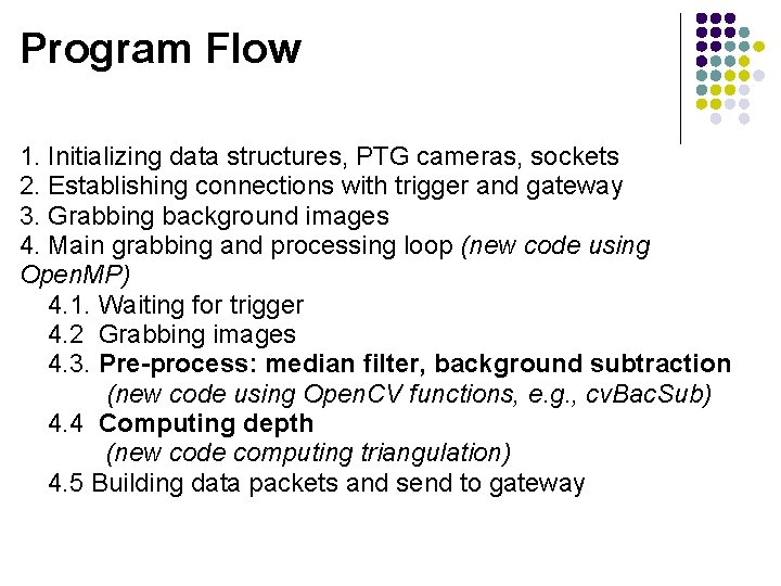 Program Flow 1. Initializing data structures, PTG cameras, sockets 2. Establishing connections with trigger
