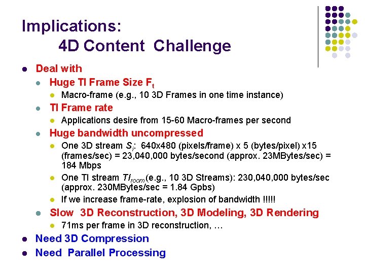 Implications: 4 D Content Challenge l Deal with l Huge TI Frame Size Ft