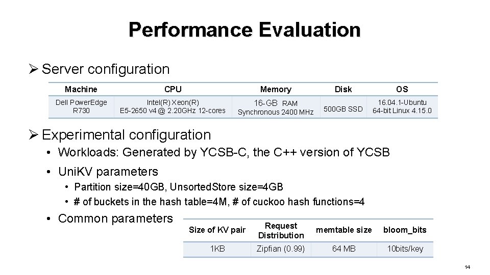 Performance Evaluation Ø Server configuration Machine CPU Memory Dell Power. Edge R 730 Intel(R)