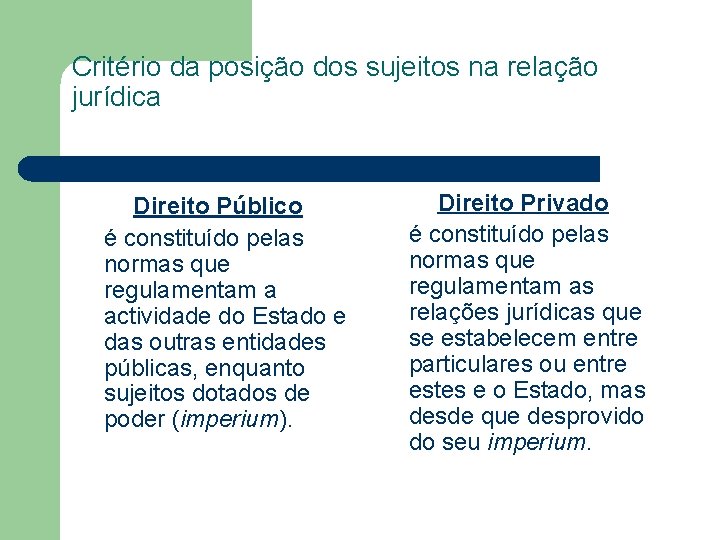 Critério da posição dos sujeitos na relação jurídica Direito Público é constituído pelas normas