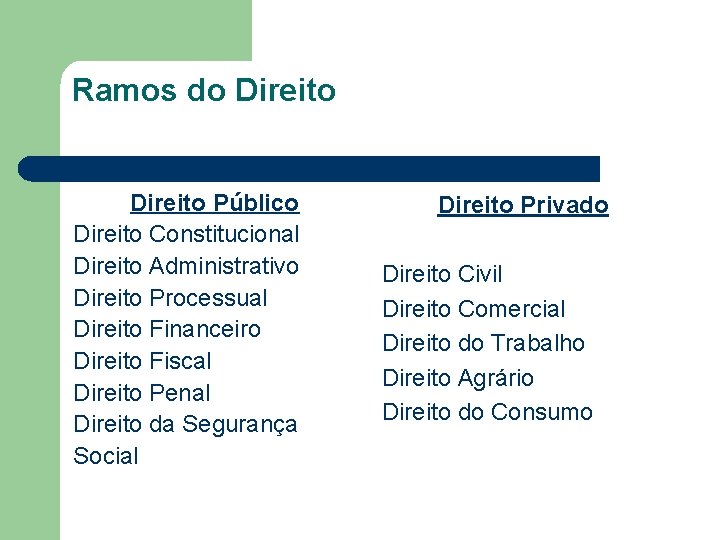 Ramos do Direito Público Direito Constitucional Direito Administrativo Direito Processual Direito Financeiro Direito Fiscal