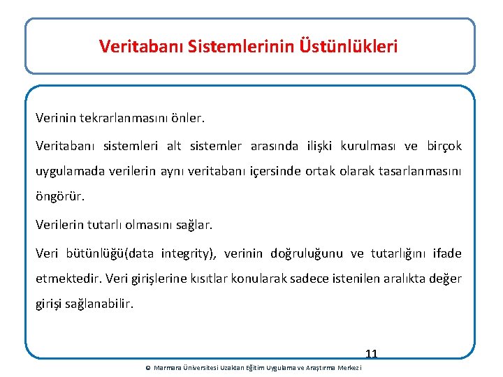 Veritabanı Sistemlerinin Üstünlükleri Verinin tekrarlanmasını önler. Veritabanı sistemleri alt sistemler arasında ilişki kurulması ve