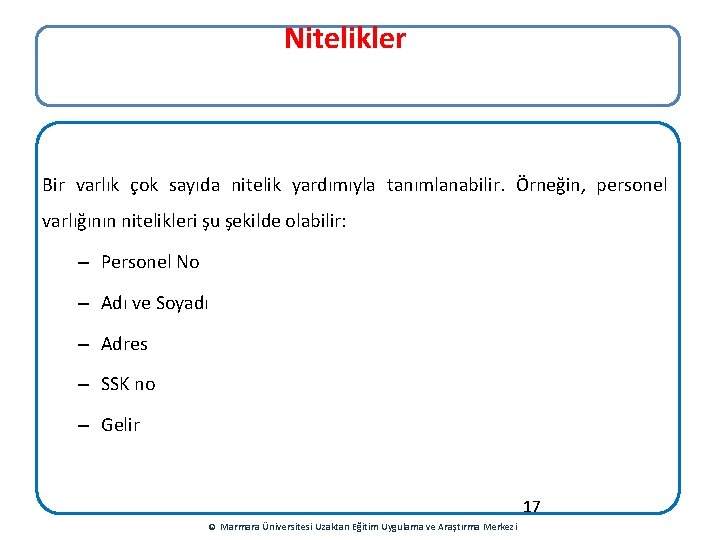 Nitelikler Bir varlık çok sayıda nitelik yardımıyla tanımlanabilir. Örneğin, personel varlığının nitelikleri şu şekilde