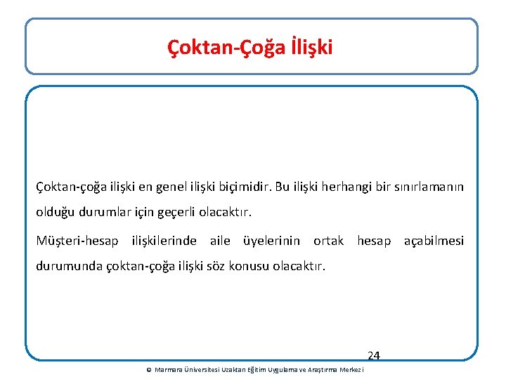 Çoktan-Çoğa İlişki Çoktan-çoğa ilişki en genel ilişki biçimidir. Bu ilişki herhangi bir sınırlamanın olduğu