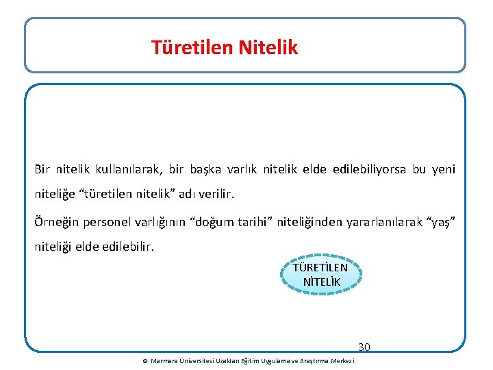 Türetilen Nitelik Bir nitelik kullanılarak, bir başka varlık nitelik elde edilebiliyorsa bu yeni niteliğe