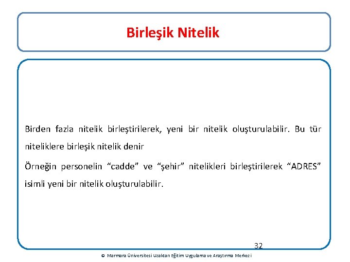 Birleşik Nitelik Birden fazla nitelik birleştirilerek, yeni bir nitelik oluşturulabilir. Bu tür niteliklere birleşik